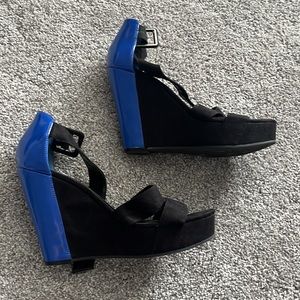 Size 8 Wedge heel kensieGirl. Black with blue leather ankle strap
